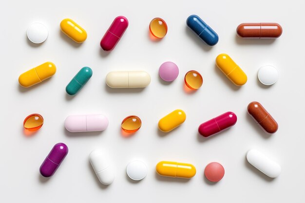 Top views of medicines and colorful pills of different forms on a white background