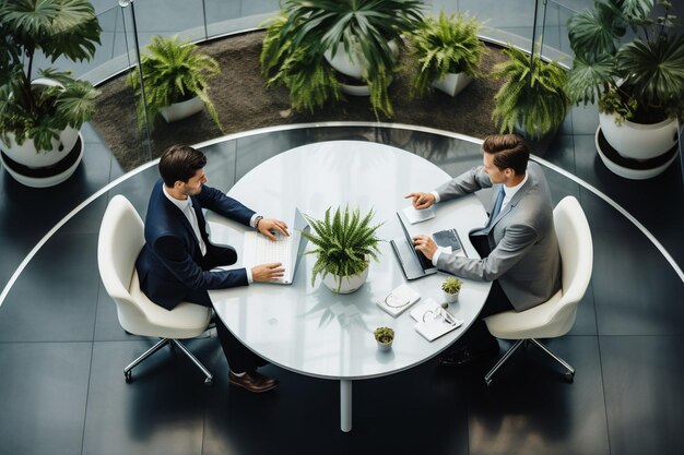 Photo top viewtop view of manager and employee doing teamwork in business office