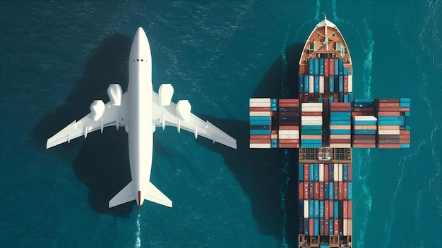 Top viwe transportation and logistics of container cargo ship and cargo plane