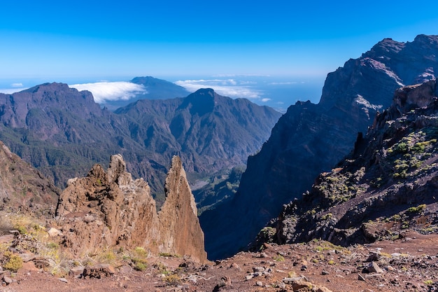 ロケデロスムチャチョス近くの火山カルデラデタブリエンテの頂上と、カナリア諸島のラパルマの素晴らしい景観。スペイン