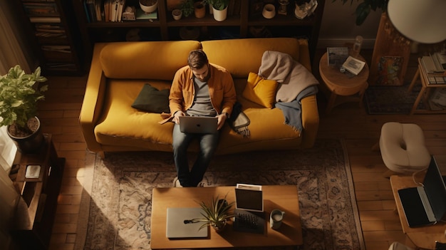 Top Wide View Apartment Een jonge man gebruikt een laptop terwijl hij op een bank in de woonkamer zit