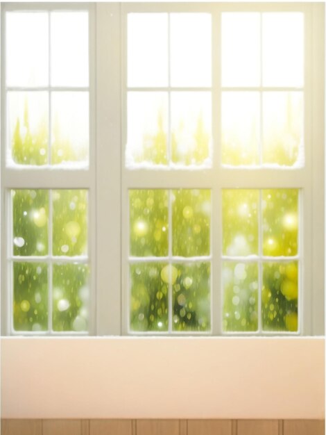 Photo top of wood table counter on blur window view garden background