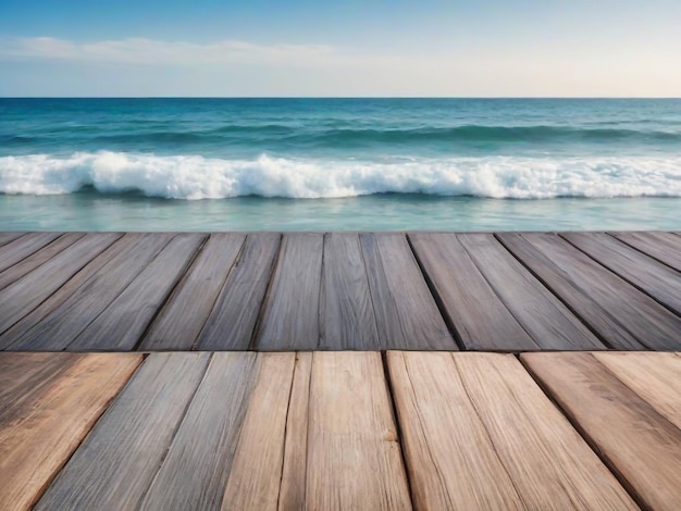 Top of the wood table in front of the white beach background