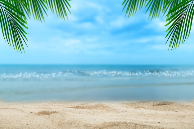 Top of wood table with blurred sea and palm tree background