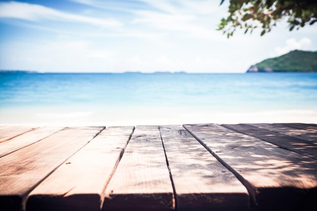 Photo top of wood table with seascape blur calm sea and sky at tropical beach background empty table ready for your product display montage