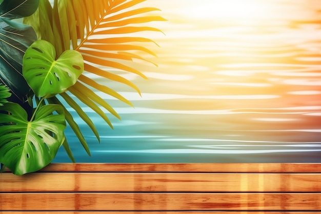 Top of wood table with seascape Vacation background Ai generated