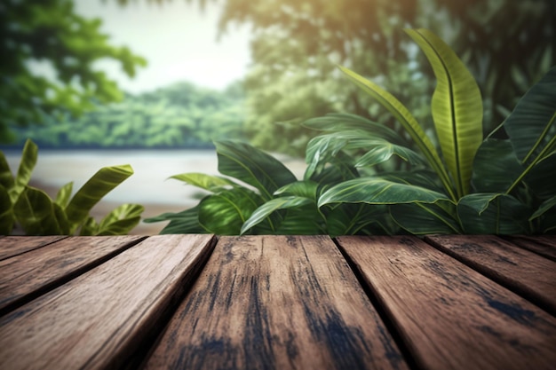 Top wooden planks with nature background for product presentation Generative ai illustration