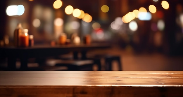 ぼやけたバー レストランの背景を持つ木製のテーブルの上