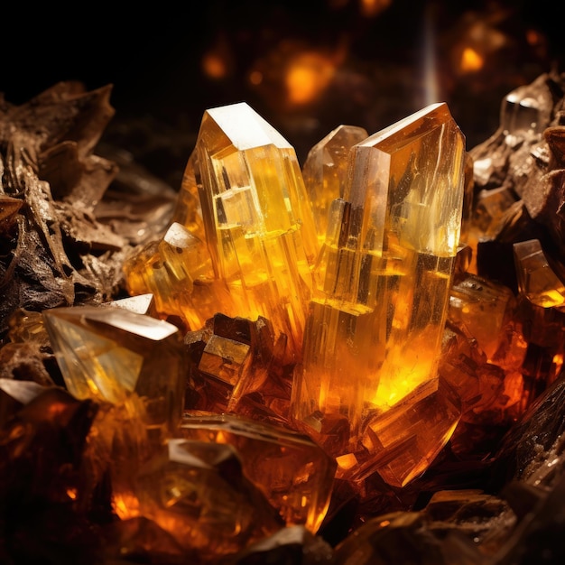 Topaz and amber crystals illuminating an underground world