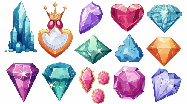 Topaz amethyst quartz Modern cartoon set of glittering gemstones in the shape of hearts stars triangles and crowns