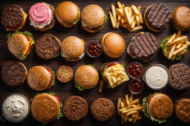 topbeeld van fastfood hamburger frietjes en ander junkfood op tafel