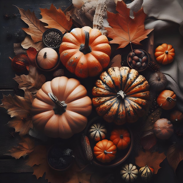 Topbeeld van pompoenen en bladeren in een rustieke, humeurige herfststijl