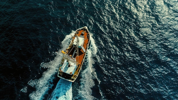 바다 한가운데에 있는 시 배의 위에서 아래로 찍은 공중 사진