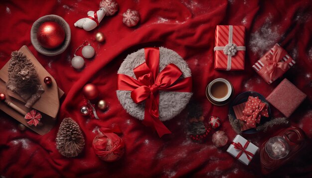 사진 빨간색 텍스처 표면에 포장 된 크리스마스 선물과 함께 위쪽 편안한 휴가 설정