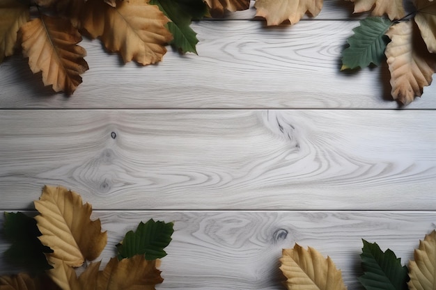 Topdown foto van een witte houten tafel omgeven door droge bladeren