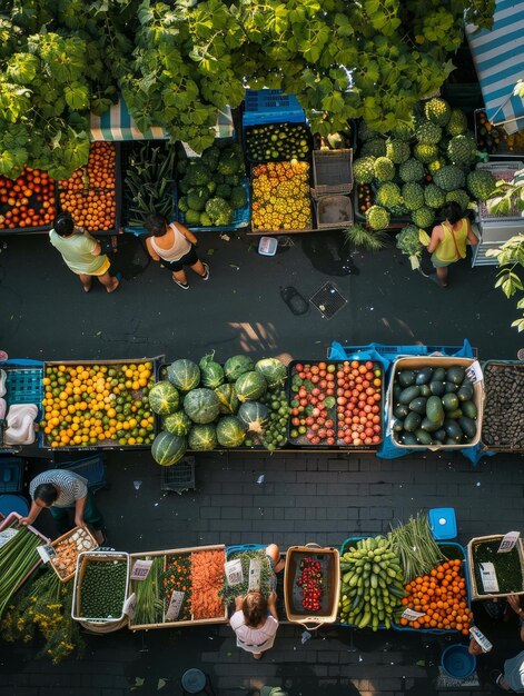 Foto una prospettiva dall'alto verso il basso mostra una gamma organizzata di prodotti freschi del mercato con gli acquirenti che selezionano frutta e verdura in una giornata di sole