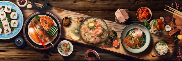Фото разнообразной японской кухни сверху вниз Generative AI