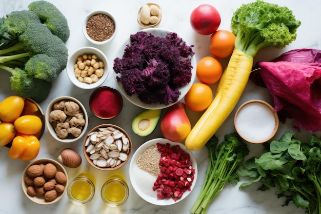 Topdown pristine kitchen counter with fresh produce organic veggies and fruits egrocery flat lay