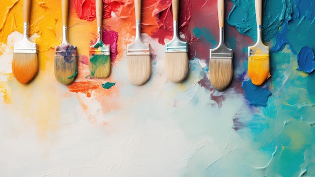 Topdown shot capturing a DIY paintbrush amidst an array of vibrant sample paint pots