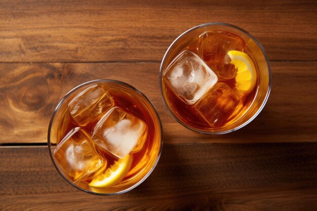 A topdown shot of a fresh homemade half iced tea half lemonade drink