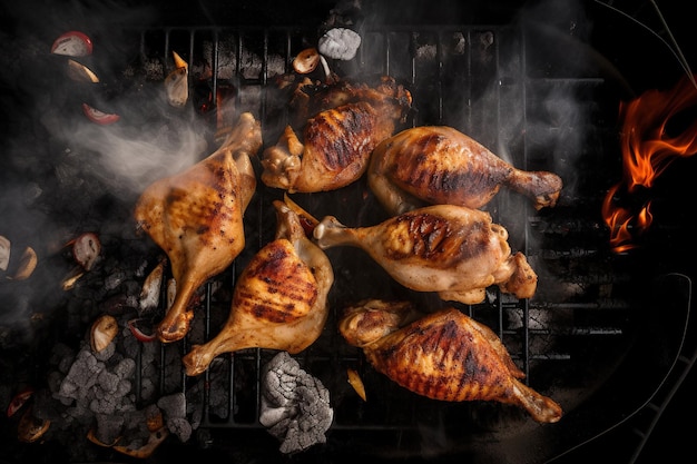 Topdown shot of the grill with some delicious grilled chicken pieces