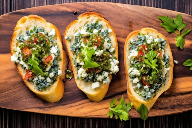 Topdown view of blue cheese bruschetta on wooden board