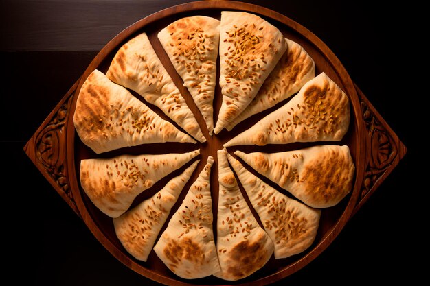 A topdown view captures Lebanese bread in a flat lay presentation showcasing its traditional