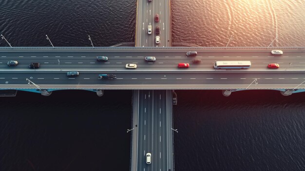 Topdown view of cars on a bridge over water