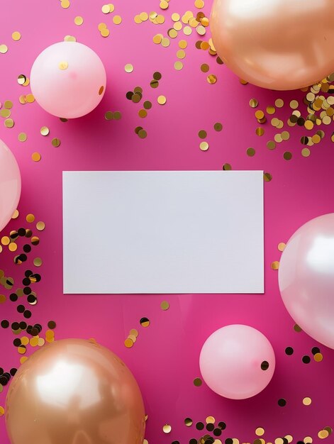 Foto una vista dall'alto verso il basso di uno sfondo celebrativo con palloncini rosa confetti dorati e una carta bianca centrale su una superficie rosa