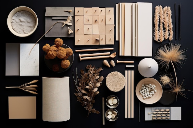 Photo a topdown view of a creative architects moodboard composition is displayed in a flat lay the composi