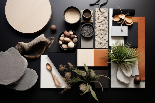 A topdown view of a creative architects moodboard composition is displayed in a flat lay The composi