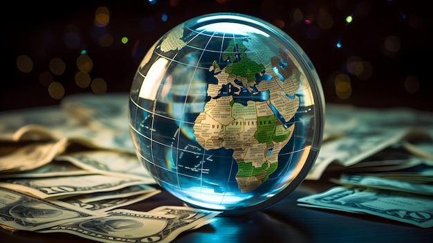 Photo topdown view of a crystal globe on currency notes