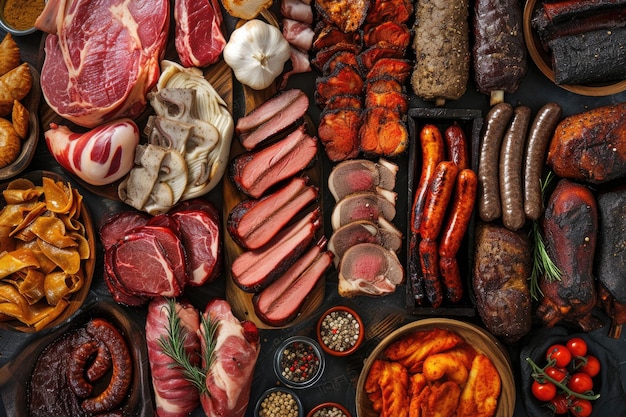 Photo a topdown view of a delectable assortment of meats creating an appetizing backdrop