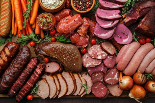 A topdown view of a delectable assortment of meats creating an appetizing backdrop