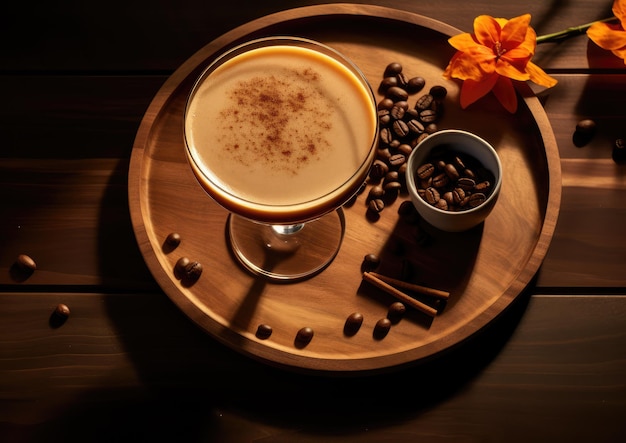 A topdown view of an Espresso Martini on a wooden tray with coffeerelated props