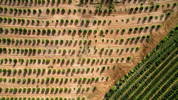 Photo a topdown view of a farm reveals a gridlike pattern of perfectly aligned rows where evenly spaced