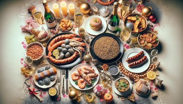 Photo topdown view of a festive italian new years eve dinner scene featuring lentils cotechino seafood