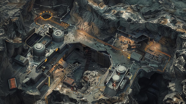 Сверху вниз вид на футуристическое горнодобывающее предприятие, расположенное в скалистом каньоне и окруженное горами
