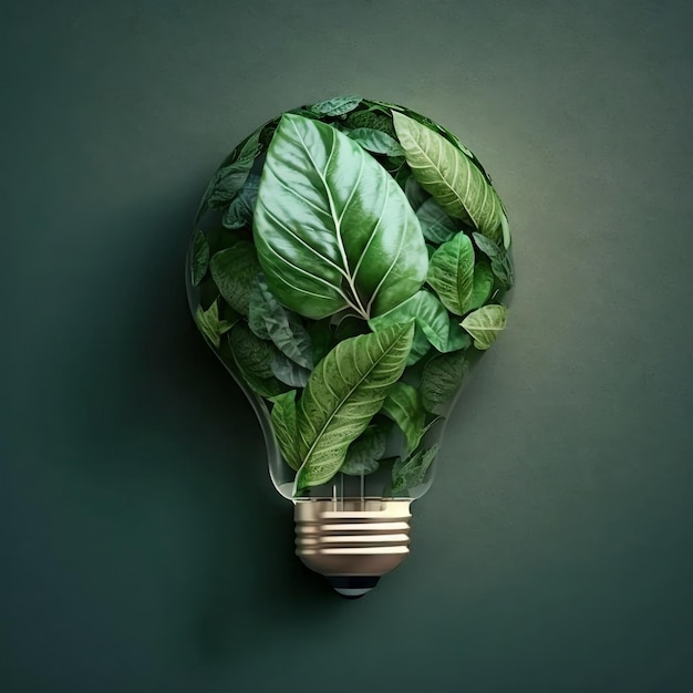 Вид сверху на зеленую экологически чистую лампочку из свежих листьев, представляющую концепции возобновляемой энергии и устойчивого образа жизни Генеративный искусственный интеллект