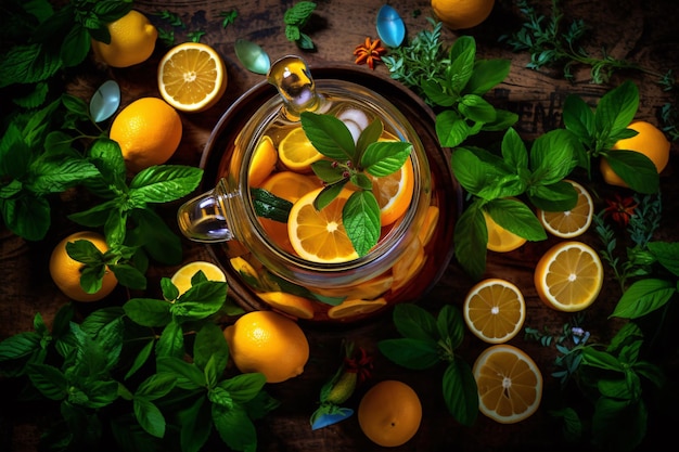 A topdown view of an iced tea pitcher surrounded by fresh mint leaves and sliced citrus fruits Generative ai