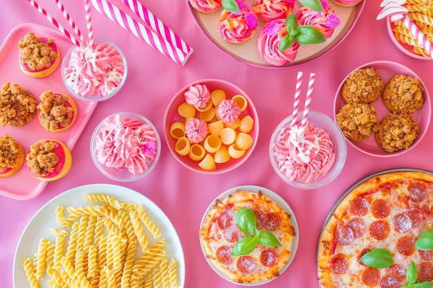 Foto vista dall'alto di un tavolo di festa di compleanno a tema italiano con mini pizza, insalate di pasta, gelato e