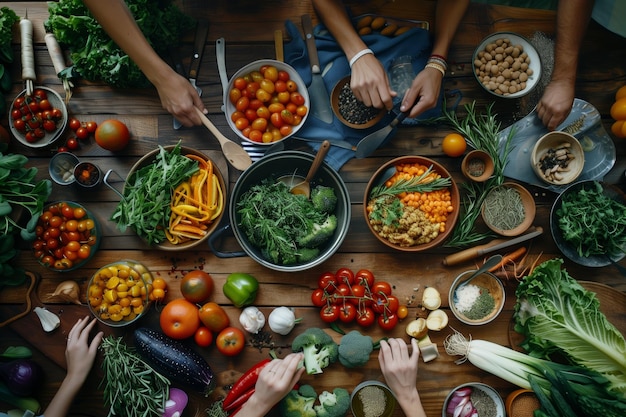 Topdown view of multiple hands preparing a feast with a variety of fresh organic vegetables on a rus