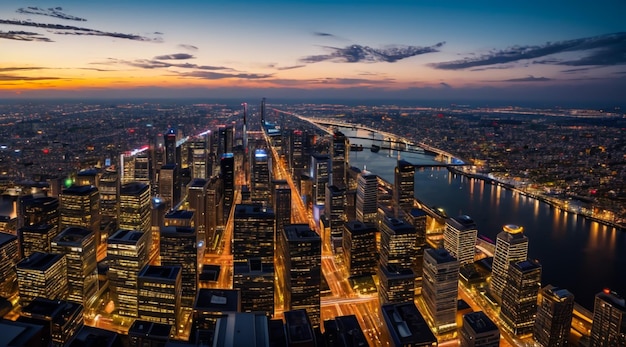 Topdown view overlooking the city during a mesmerizing sunset