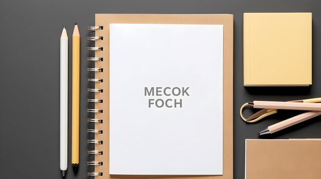 Topdown view of a paper mockup template surrounded by school stationery