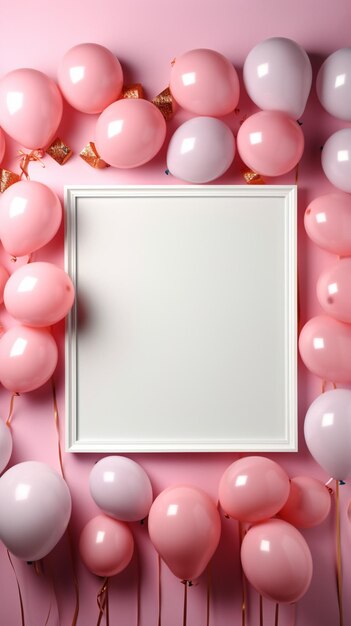 Topdown view pastel pink table balloonframed frame confetti perfect birthday flat lay Vertical Mob