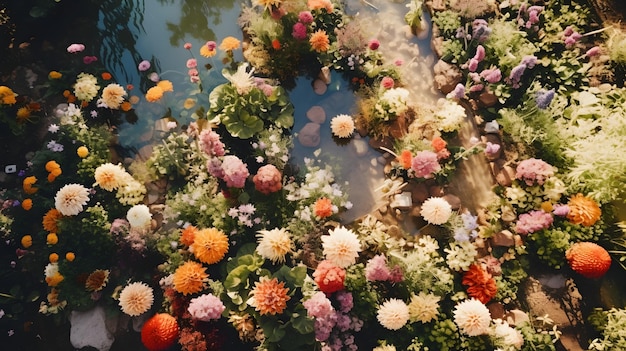 A topdown view of a serene garden flowers arranged like a living mosaic