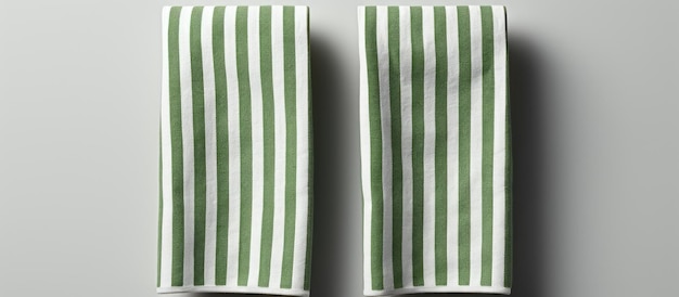 topdown view of striped green and white kitchen towels on a gray background There is empty space