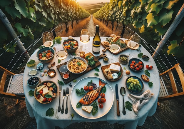 ワイン畑の夏の夕食のトップダウンビューで,グリルされた魚のトマトとバジルのパスタが特徴です.