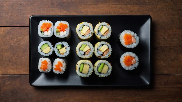 A topdown view of sushi rolls on a stylish black plate