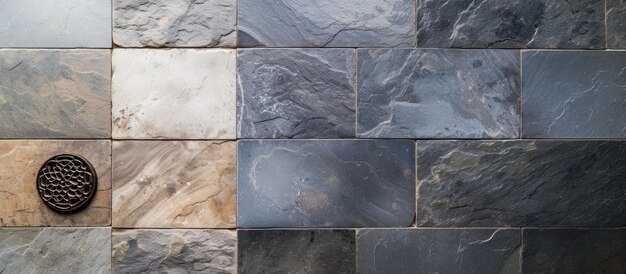 Photo topdown view of textured stone and ceramic floor tiles in a corridor